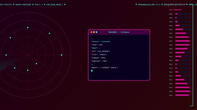 A digital api integration display with circular radar monitoring systems and flowing progress bars appearing across a dark screen interface for complex data monitoring tasks