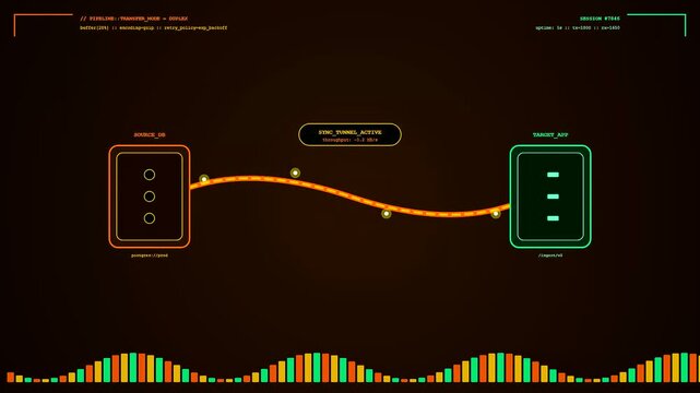 A digital api integration display showcases flowing data packets between database nodes with glowing orange lines and vibrant spectrum waveforms on a dark graphical computer interface