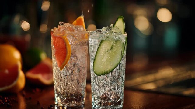 Two cocktails with ice, citrus, and cucumber sit on a dark wooden surface. Soft background lights create a warm, blurred bokeh effect. Fruit slices garnish each glass, adding color and freshness