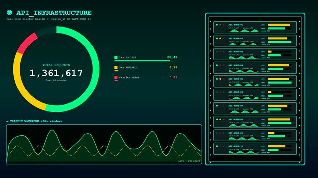 Monitoring real time api integration performance across three digital dashboard displays showing flowing data traffic waves with numeric request counts in a dark screen interface setting