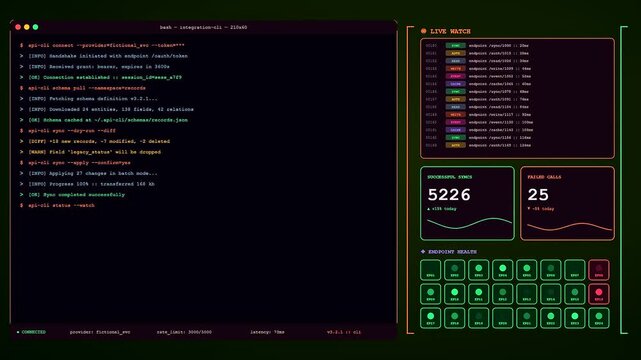 A screen displaying api integration command line interfaces with glowing neon text representing complex digital network data flow processes within a dark modern computing environment