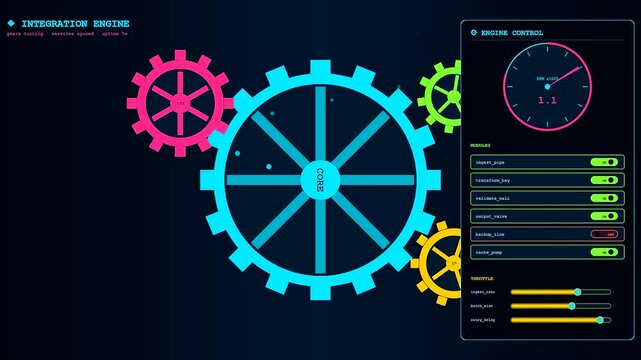 A digital api integration display with colorful rotating gears and glowing dashboard controls showing system monitoring metrics during active software configuration and data processing workflow