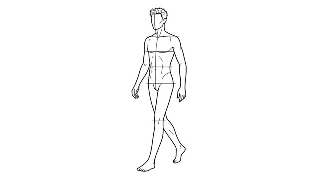 Male figure walking pose construction drawing with anatomy guidelines and body proportion lines for character design