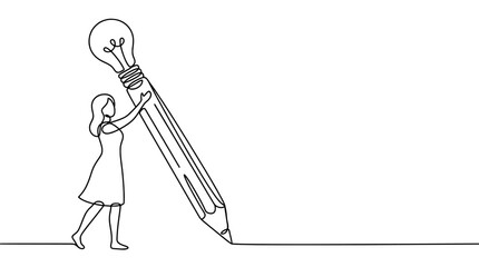 Obraz premium Woman drawing with a giant pencil featuring a lightbulb tip as a symbol of creative idea generation and innovation