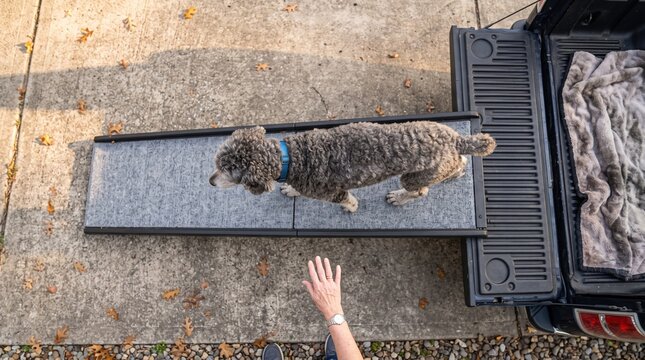 Cute dog walking up a pet ramp into the back of a black pickup truck