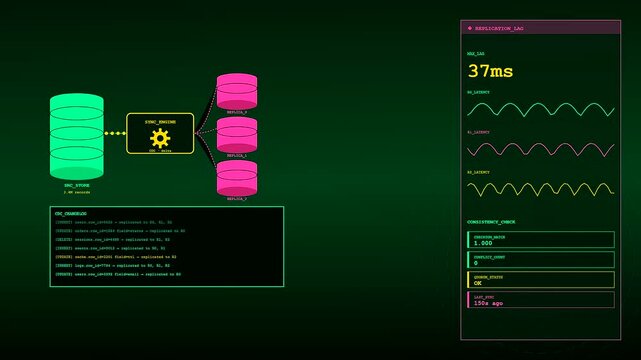 An api integration display illustrates systematic server nodes connected to distributed storage units through animated wave graphs showing real time data synchronization status on dark screen