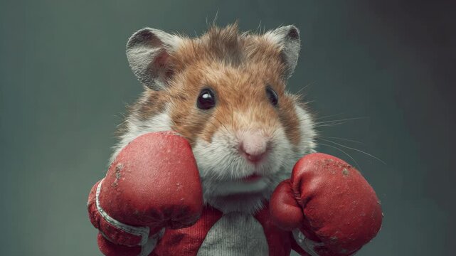 A cute hamster wearing red gloves on its paws with a determined expression. The background is blurry, focusing attention on the hamster.