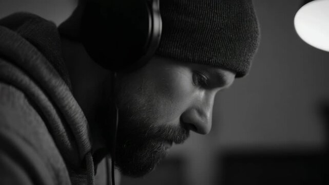 Concentrated man with headphones and beard working on a song in the studio.