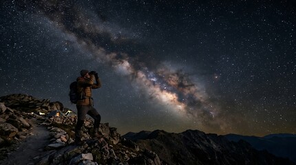 Obraz premium Hiker stargazing at the milky way from a mountain peak at night
