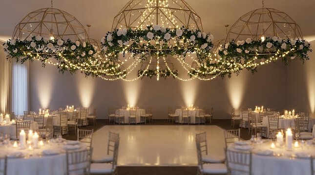 3D render of an elegant and romantic wedding reception ballroom exquisitely decorated with hanging geometric dome structures adorned with beautiful fresh flowers and warm string lights creating a