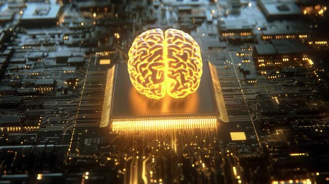 A close-up of a circuit board with a glowing human brain shape in the center.