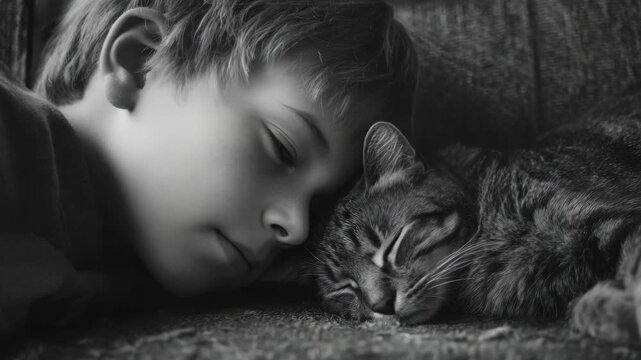 A young child peacefully sleeping next to a cat.