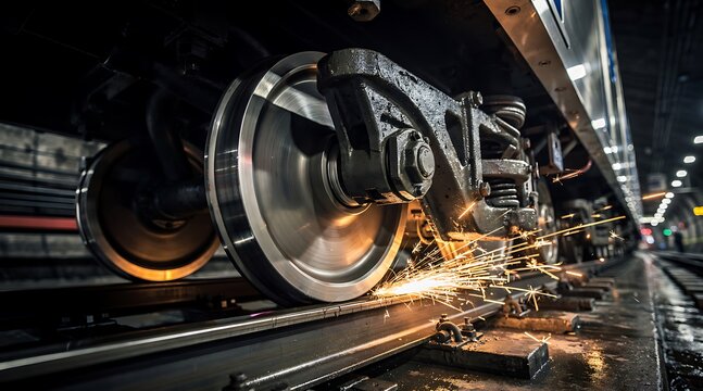 Close-up view of a train's wheels grinding on the tracks, creating sparks.