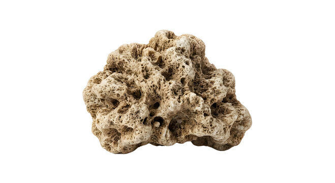 Beige porous coral rock and fossilized marine formation isolated on a black background