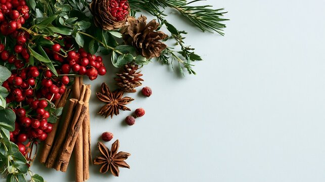 Top view holiday still life with red berries, cinnamon sticks, star anise, pine cones and green foliage on pale blue background