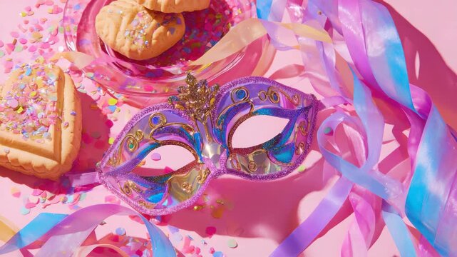 Colorful cookies and confetti around a masquerade mask on pink background. Festive party theme.