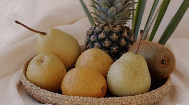Rustic still life of tropical fruits in a woven basket, fresh pineapple and organic pears on a soft beige fabric background, earthy aesthetic