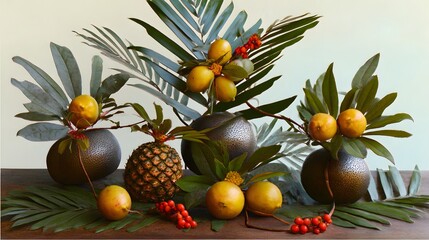 Tropical still life arrangement with exotic fruits and palm leaves, artistic botanical display of pineapple and yellow citrus, elegant summer decor