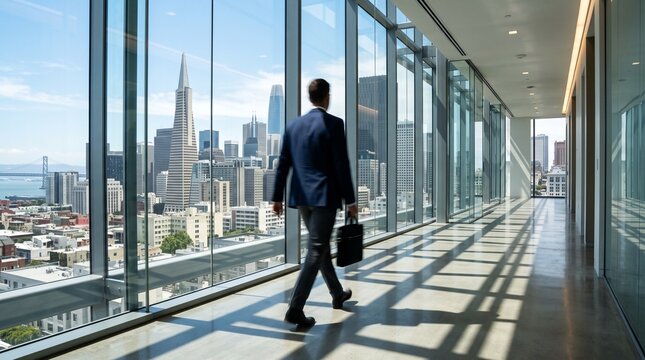 Businessman Walking in Modern Office with City Skyline View