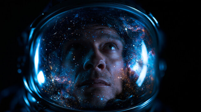 Astronaut in Space Helmet Looking at Stars and Galaxy