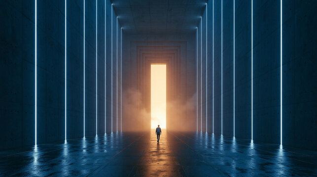 Man Walking Toward Light Through Futuristic Corridor