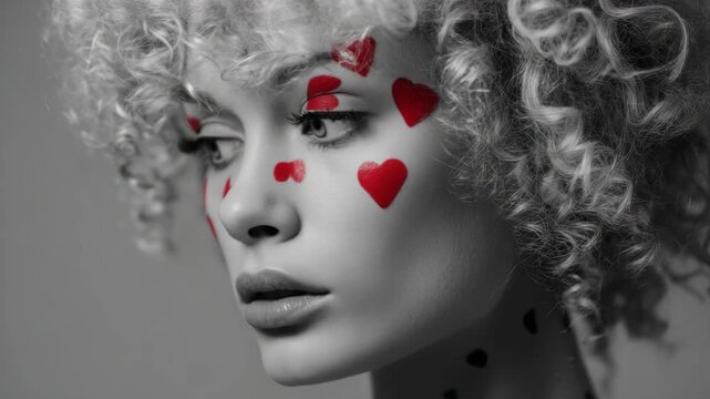 A model with heart-shaped makeup on her face and chest.