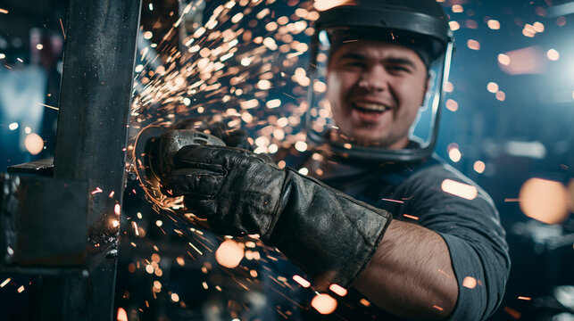 Welder Working with Sparks Flying in Industrial Setting