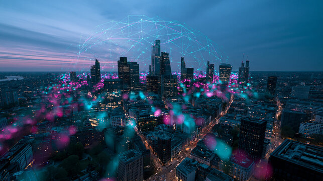 Digital Network Connection Over Modern City Skyline