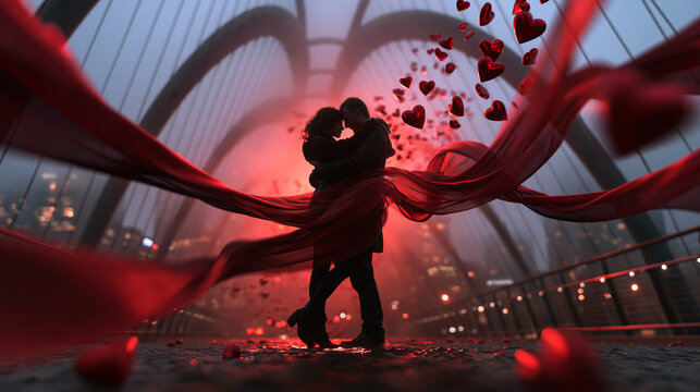 Couple Kissing Under Red Fabric with Floating Hearts