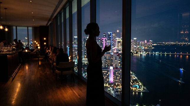 Woman Contemplating City Skyline from High-Rise Window at Night