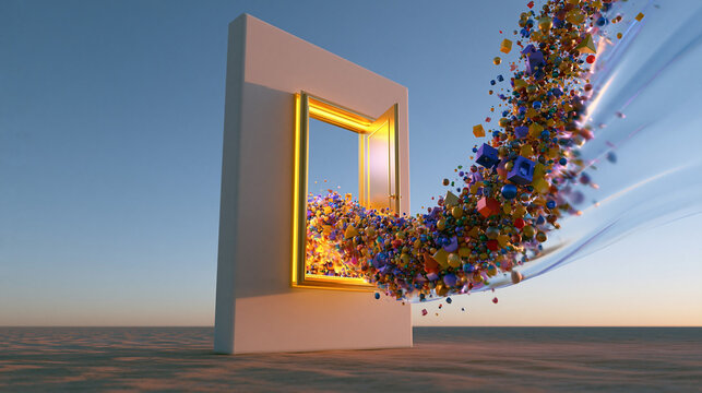 Colorful Objects Bursting From Golden Frame Portal