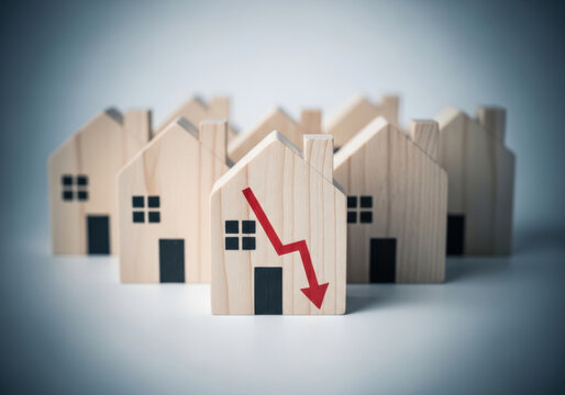 Small wooden houses in a row with one house in foreground featuring a red downward trend arrow symbolizing real estate market decline or economic downturn.