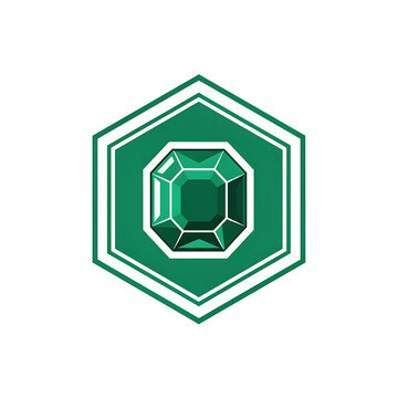 A flat vector illustration of a green faceted emerald gemstone centered within a green and white hexagonal frame, isolated on a white background, symbolizing luxury and wealth.