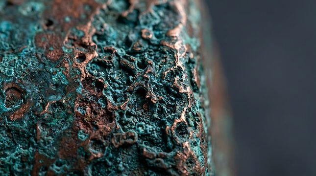 Macro texture of oxidized copper with green verdigris patina