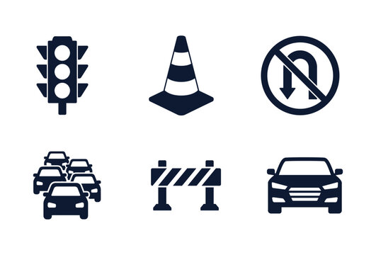 Set of traffic and transportation icons including traffic light cone no u turn sign car jam and barrier.