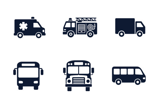 Collection of black transport and emergency vehicle icons on white background.
