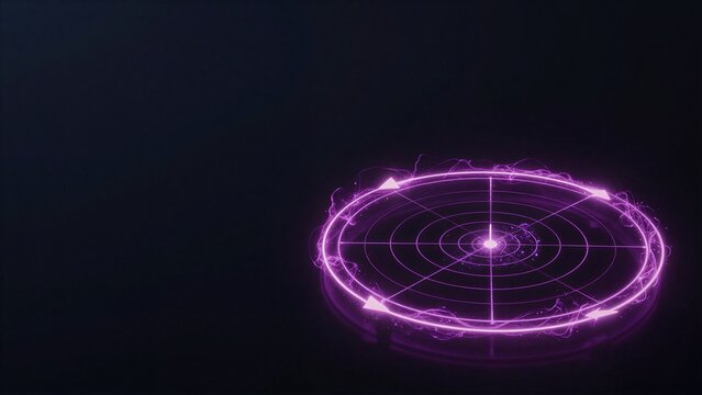 Purple radar screen glows against dark background, emitting energy sparks.
