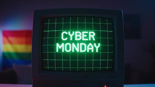 Vintage CRT monitor in dark room with rainbow flag background