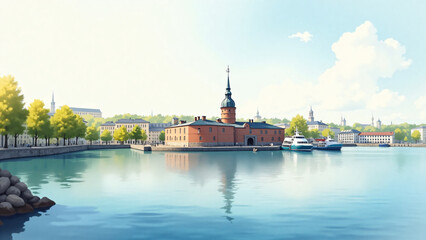 Naklejka premium Watercolor harbor view of Helsinki with Suomenlinna fortress soft morning light and organic textures