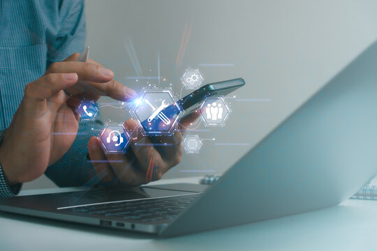 Mobile technical support, digital customer service using smartphone with virtual assistance interface. Remote maintenance, IT support, troubleshooting, communication, help desk, technology solutions.