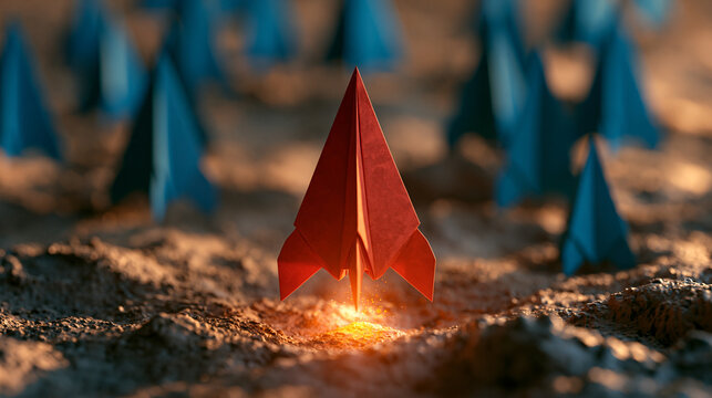 A red paper rocket ship takes flight from rough terrain among blue paper planes. This represents leadership, innovation, and standing out from the competition.