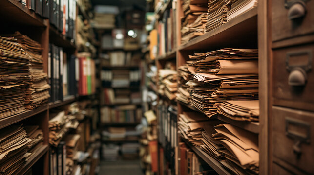 A cluttered vintage archive room filled with stacks of old paper documents and binders. Ideal for historical research and bureaucracy concepts.