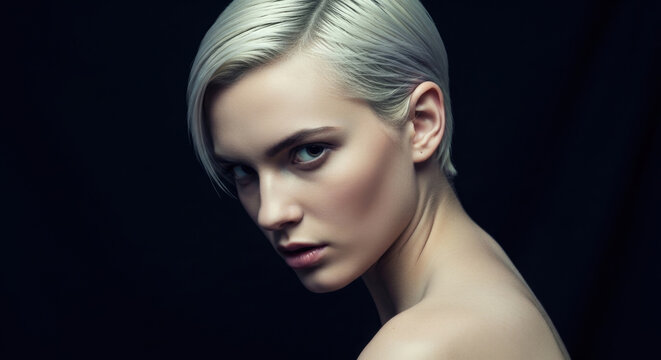 striking portrait of a woman with short blonde hair sharp features and piercing green eyes against a dark background.