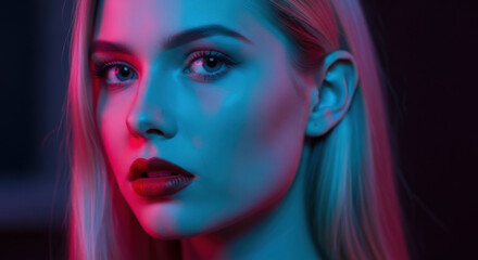 Fototapeta premium Striking portrait of woman illuminated by neon lights in shades of blue and pink for futuristic fashion and beauty photoshoot.