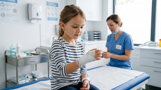 A young girl sits on a medical examination table looking at her bandaged arm while a nurse works in the background of a modern hospital clinic.