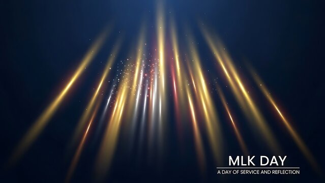 MLK Day commemorative background with golden light rays, Martin Luther King Jr Day of Service and Reflection message, elegant glowing light streaks on dark blue backdrop