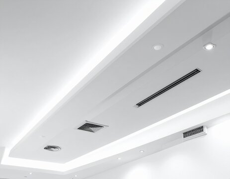 Showcasing a modern ceiling design with integrated lighting and air conditioning, perfect for commercial or residential interior design projects.