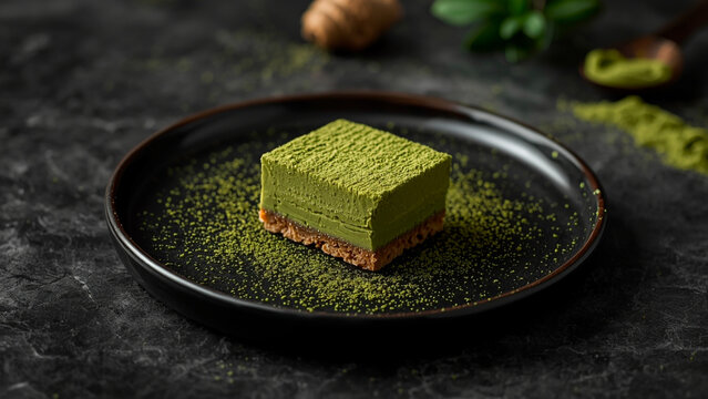Delicious matcha cake slice dusted with green powder on a dark plate