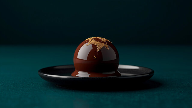 Gourmet chocolate dessert sphere with golden sprinkles on a dark plate