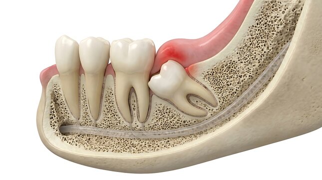 Impacted wisdom tooth with inflamed gum and bone structure